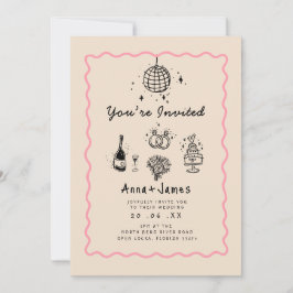 Invitación boda funky caprichoso y de moda a mano