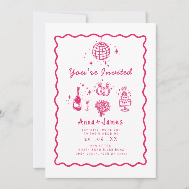 Invitación boda funky de moda trinitense con mano rosa (Anverso)