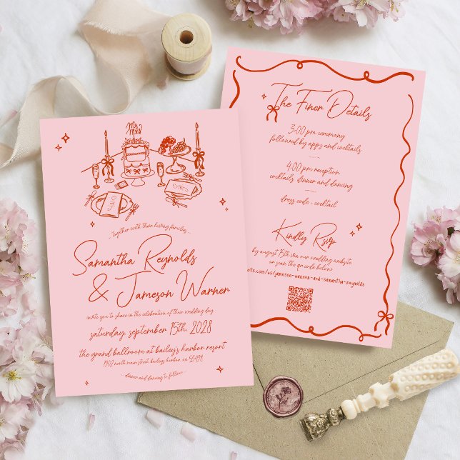 Invitación Boda Funky Rosa y Rojo con Scribble Retro (Unique pink and red retro modern funky whimsical modern elegant hand drawn qr code wedding invite)