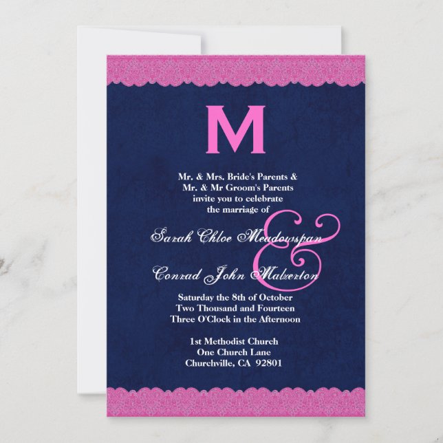 Invitación Boda G112 monograma azul y rosa de la marina (Anverso)