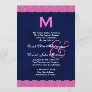 Invitación Boda G112 monograma azul y rosa de la marina