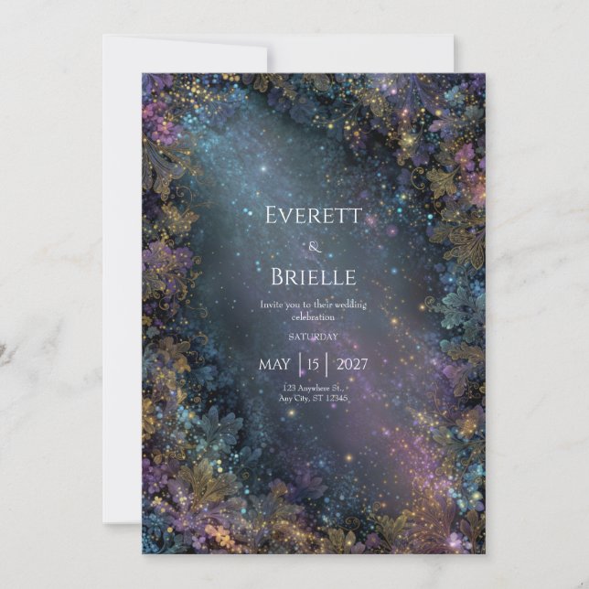 Invitación Boda Galaxia Celestial Floral Oro Místico (Anverso)