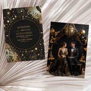 Invitación Boda Galaxia Celestial Oro Negro Místico Fotográfi