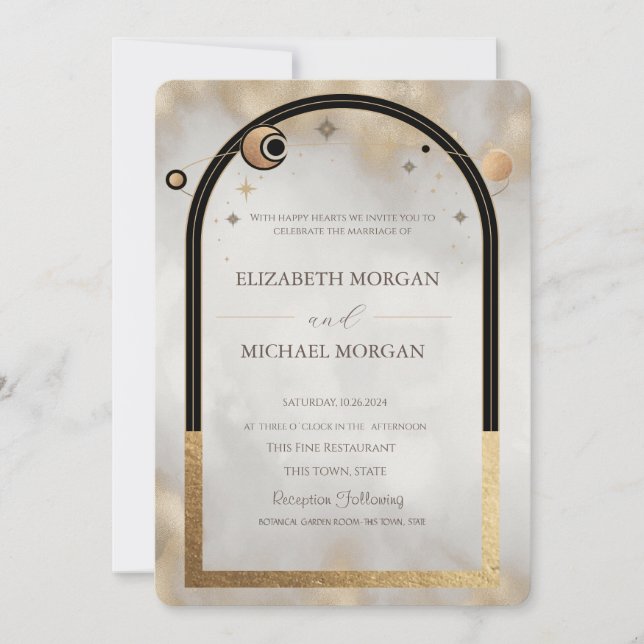 Invitación Boda Galaxia Sol y Luna de Oro Celestial (Anverso)