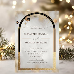 Invitación Boda Galaxia Sol y Luna de Oro Celestial