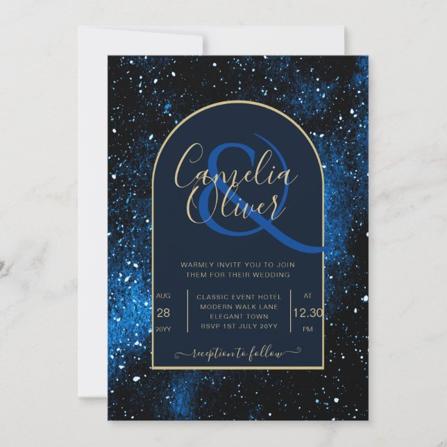 Invitación Boda Galaxy Starry Night Navy Blue Gold (Anverso)