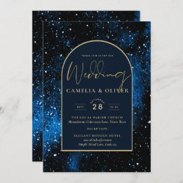 Invitación Boda Galaxy Starry Night Navy Blue Gold