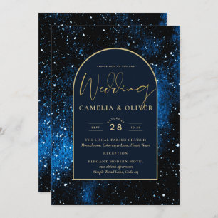 Invitación Boda Galaxy Starry Night Navy Blue Gold