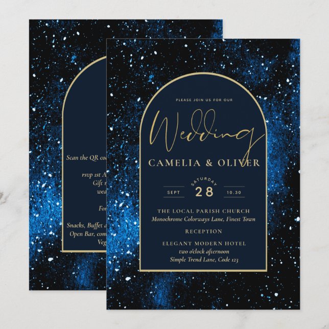 Invitación Boda Galaxy Starry Night Navy Blue Gold (Anverso / Reverso)