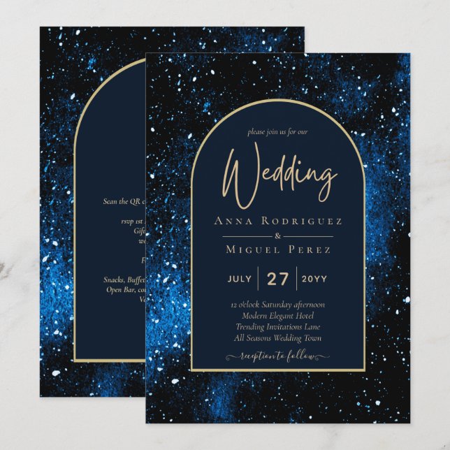 Invitación Boda Galaxy Starry Night Navy Blue Gold (Anverso / Reverso)