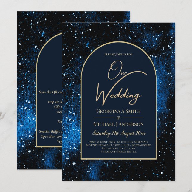 Invitación Boda Galaxy Starry Night Navy Blue Gold (Anverso / Reverso)