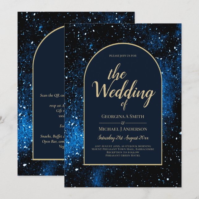 Invitación Boda Galaxy Starry Night Navy Blue Gold (Anverso / Reverso)
