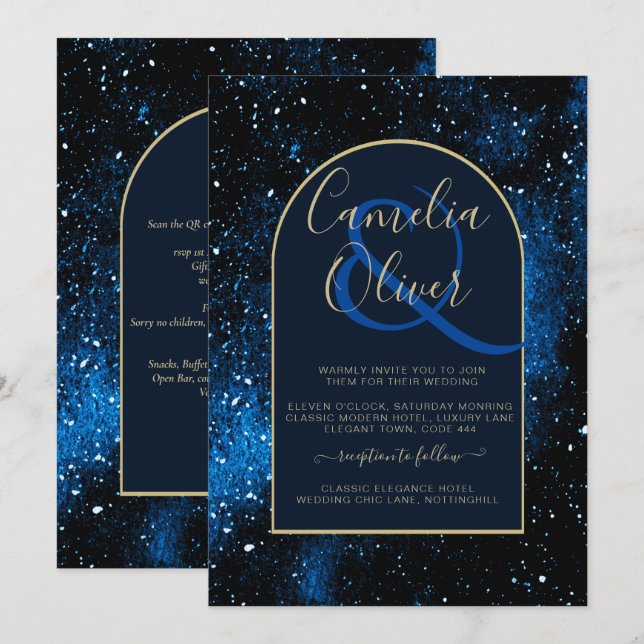 Invitación Boda Galaxy Starry Night Navy Blue Gold (Anverso / Reverso)