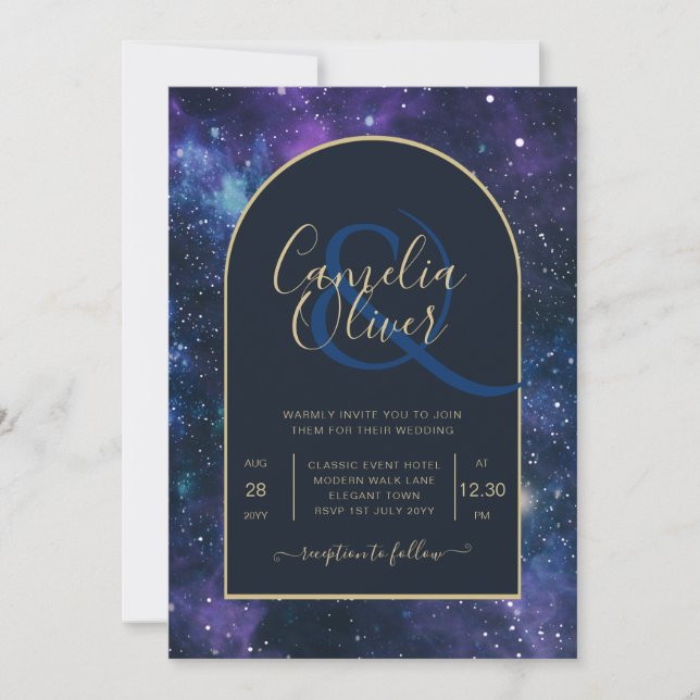 Invitación Boda Galaxy Starry Night Navy Blue Gold (Anverso)