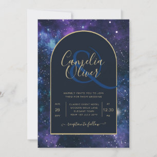 Invitación Boda Galaxy Starry Night Navy Blue Gold