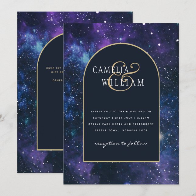 Invitación Boda Galaxy Starry Night Purple Blue (Anverso / Reverso)