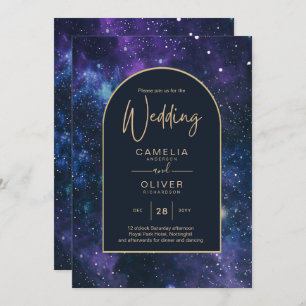 Invitación Boda Galaxy Starry Night Purple Blue Gold