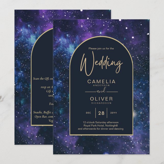Invitación Boda Galaxy Starry Night Purple Blue Gold (Anverso / Reverso)