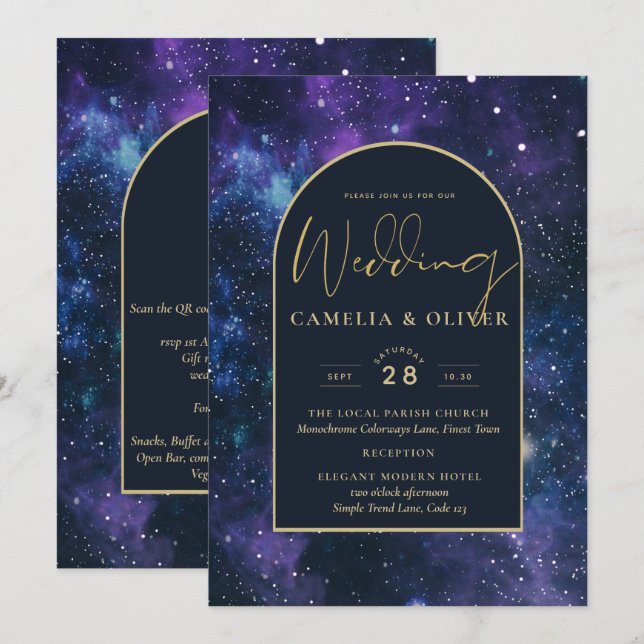 Invitación Boda Galaxy Starry Night Purple Blue Gold (Anverso / Reverso)