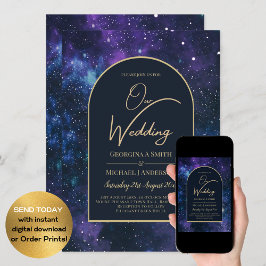 Invitación Boda Galaxy Starry Night Purple Blue Gold