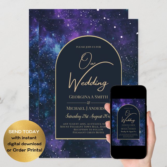 Invitación Boda Galaxy Starry Night Purple Blue Gold (Subido por el creador)