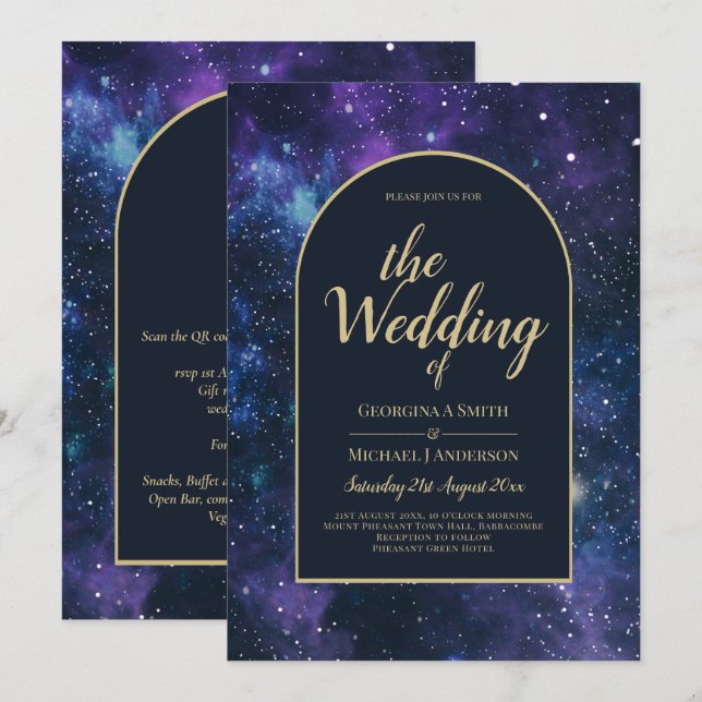 Invitación Boda Galaxy Starry Night Purple Blue Gold (Anverso / Reverso)