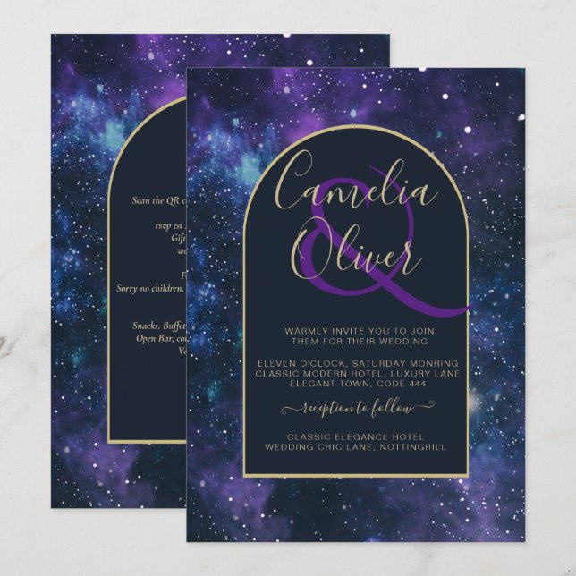Invitación Boda Galaxy Starry Night Purple Blue Gold (Anverso / Reverso)