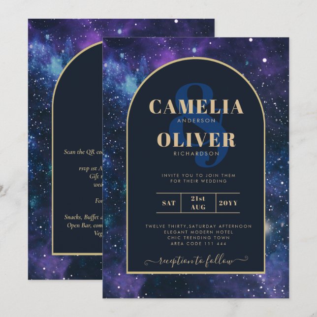 Invitación Boda Galaxy Starry Night Purple Blue Gold (Anverso / Reverso)