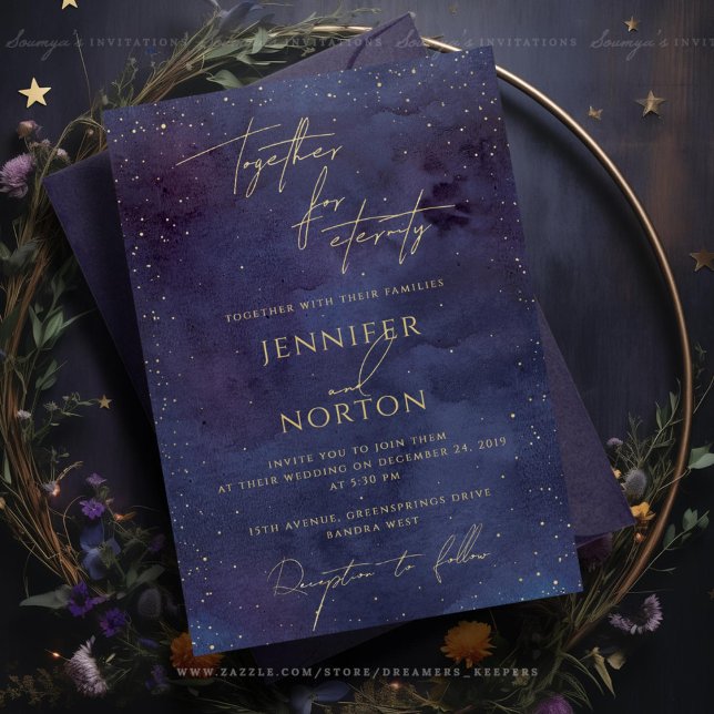 Invitación Boda Galaxy Starry Night Sky Blue Purple Gold (Subido por el creador)