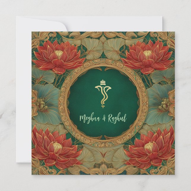 Invitación Boda Ganesh de Red Gold Lotus Green (Anverso)