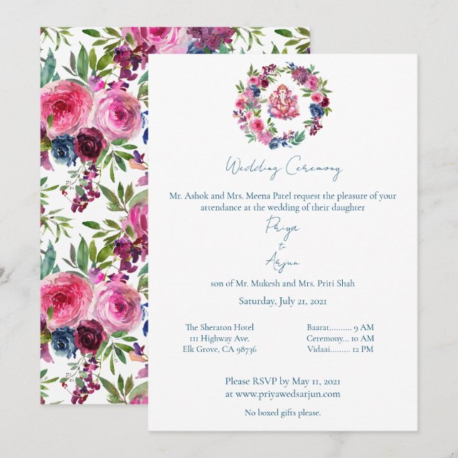 Invitación Boda Ganesh Hindú de acuarela Floral Rosa (Anverso / Reverso)