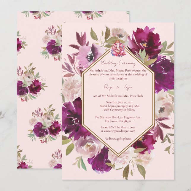 Invitación Boda Ganesh Hindú de Flores Rosa Geométricas (Anverso / Reverso)