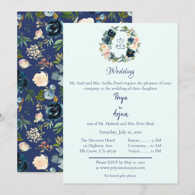Invitación Boda Ganesh Hindu Floral Azul (Anverso / Reverso)