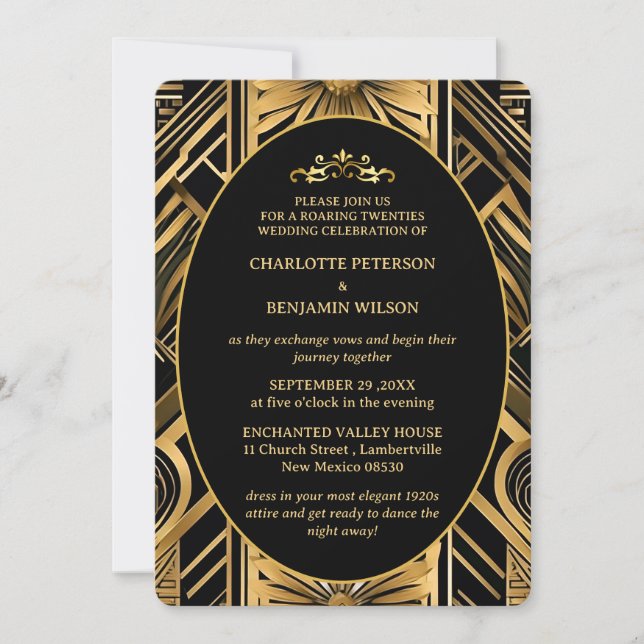 Invitación Boda Gatsby Art Deco Black & Gold de los años 20 (Anverso)