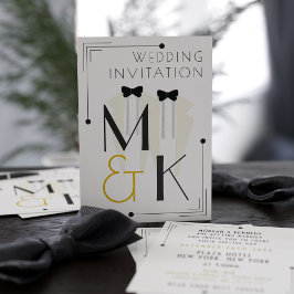 Invitación Boda Gatsby Art Deco de Tuxedo Blanco