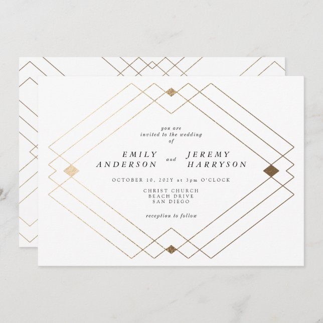 Invitación Boda Gatsby de Decoro Geométrico Blanco Diamante O (Anverso / Reverso)