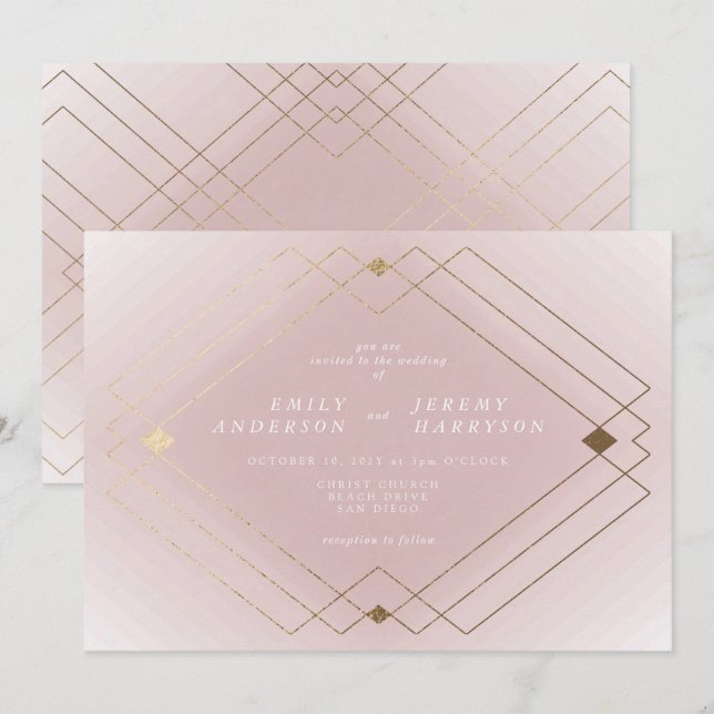 Invitación Boda Gatsby de Decoro Geométrico Dorado Diamante (Anverso / Reverso)