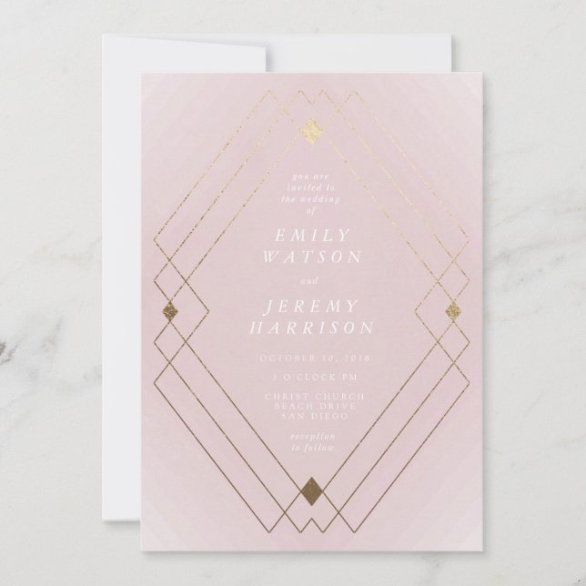 Invitación Boda Gatsby de Decoro Geométrico Dorado Diamante (Anverso)