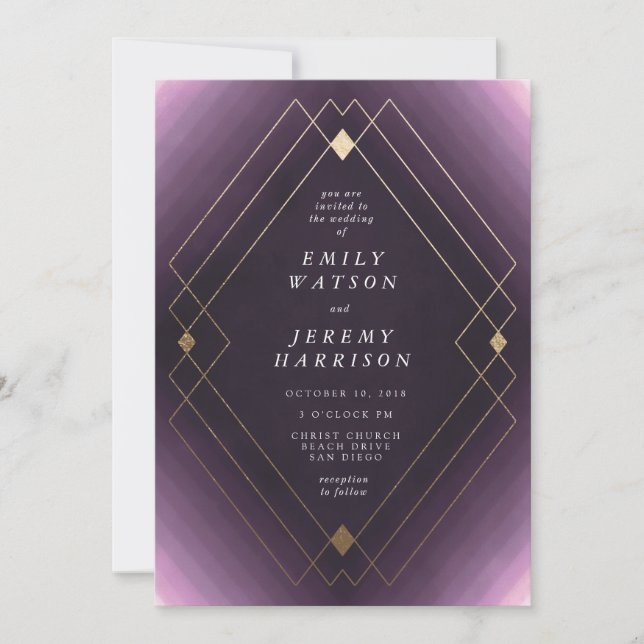 Invitación Boda Gatsby de Decoro Geométrico Púrpura Oro Diama (Anverso)