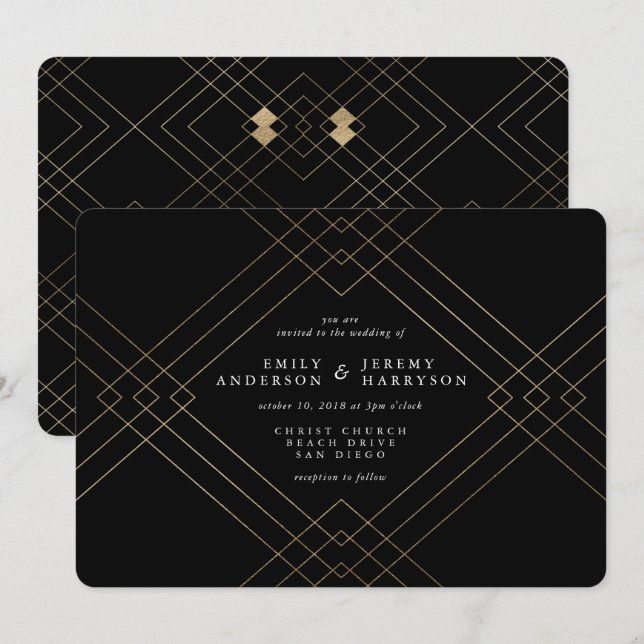 Invitación Boda Gatsby de Diamante Negro con Elegancia de Oro (Anverso / Reverso)