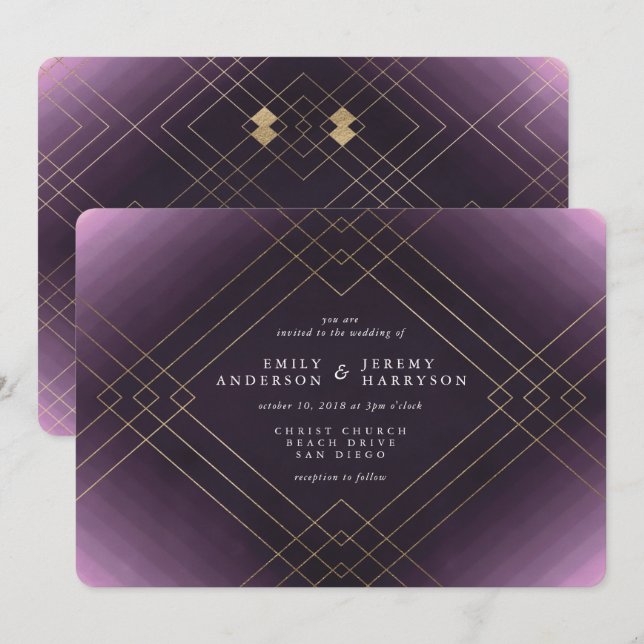 Invitación Boda Gatsby de Diamante Púrpura con Elegancia Dora (Anverso / Reverso)
