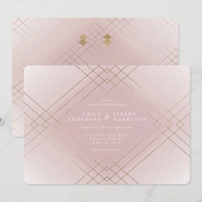 Invitación Boda Gatsby de Diamante Rosa con Elegancia Dorada (Anverso / Reverso)