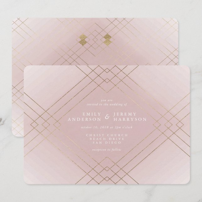 Invitación Boda Gatsby de Diamante Rosa con Elegancia Dorada (Anverso / Reverso)