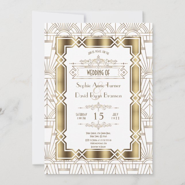 Invitación Boda Gatsby de estilo Art Deco Blanco de Oro de lo (Anverso)