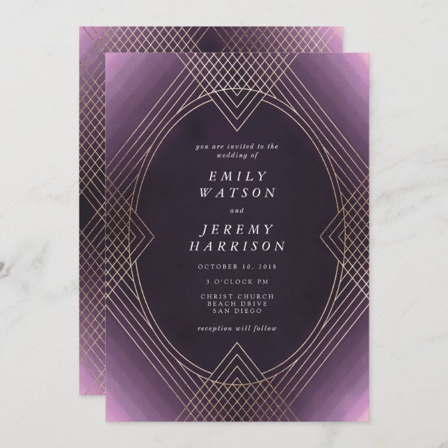 Invitación Boda Gatsby de Oval Geométrico Art Decó Oro Púrpur (Anverso / Reverso)