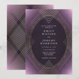 Invitación Boda Gatsby de Oval Geométrico Art Decó Oro Púrpur