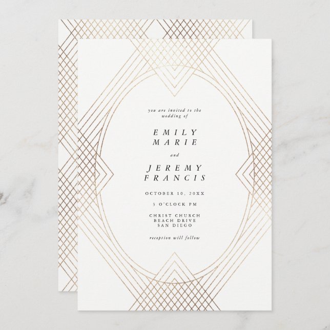 Invitación Boda Gatsby de Oval Geométrico Art Deco Oval blanc (Anverso / Reverso)