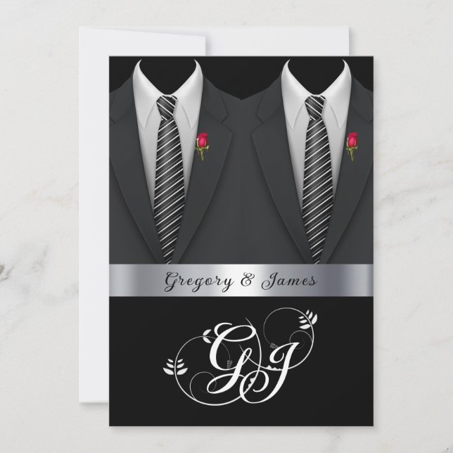 Invitación Boda gay Black Tuxedos Roses rojas (Anverso)