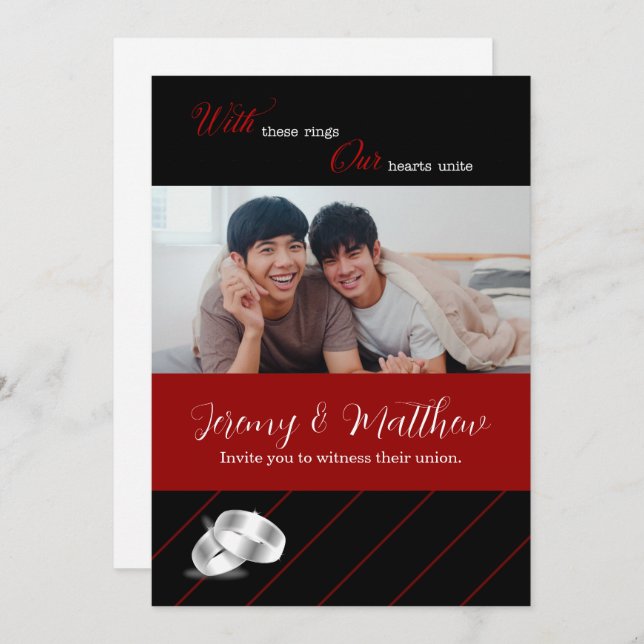 Invitación Boda gay Boda de fotografía negro y borgoña (Anverso / Reverso)