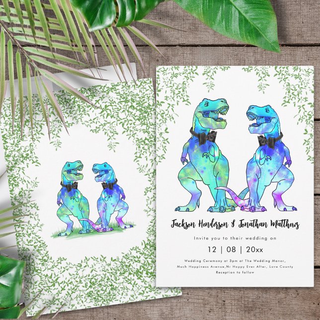 Invitación Boda Gay de Dinosaurio T-Rex Dos Novios (Dinosaur gay wedding two T-Rex grooms colorful dino wedding invitation in vibrant bright colors )